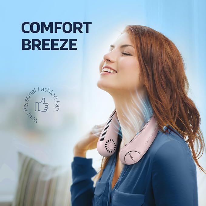 Portable Neck Fan -3 Speed Rechargeable Bladeless Neck Cooler, Pink Comfortable Lightweight, Personal Neck Fan For Women & Men Modern Design, Great Cooling Fan For Travel, Outdoors & Sports