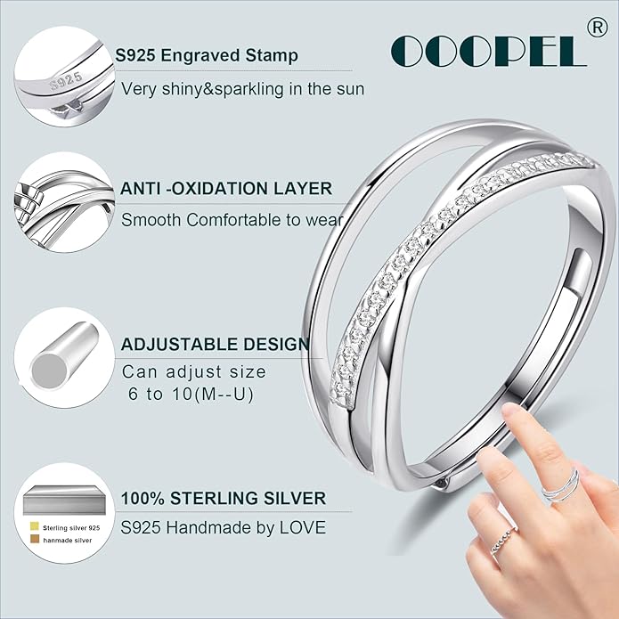 OOOPEL Sterling Silver Adjustable Ring S925 Silver Rings for Women Cubic Zirconia Twist Love Knot Dainty Ring Silver Minimalist Open Finger Rings Silver Thumb Sterling Silver Ring