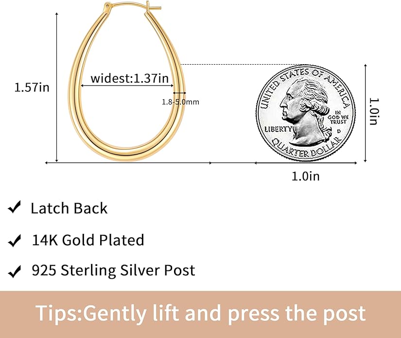 Gacimy Chunky Hoop Earrings for Women, 14K Gold Plated Oval Hoop Earrings with 925 Sterling Silver Post