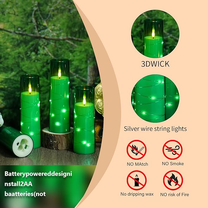 Flameless Candles with Embedded Star String, Battery Operated LED Pillar Candles with Timer and Remote Control,Home Decorating for Ambiance， Set of 7 (Green)
