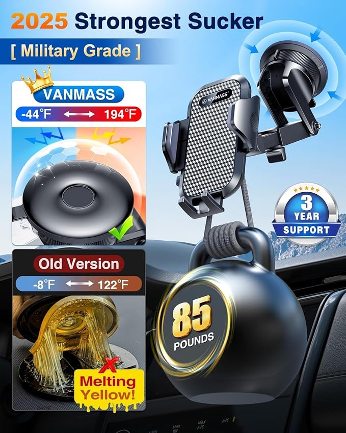 [2025 True Military-Grade] Car Phone Holder VANMASS [Upgraded Strongest Suction & Clip] Cell Phone Mount for Dashboard Windshield Vent,Truck Cradle Stand for iPhone 16 Pro Max 15 14 13 Samsung Android