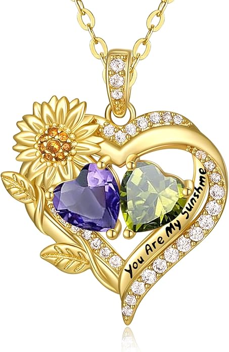 Sunflower Heart Necklace for Women 14K Gold Exquisite Valentines Day Anniversary Birthday Gifts for Wife Mother Her Double Birthstone Pendant Jewelry‘You Are My Sunshine’