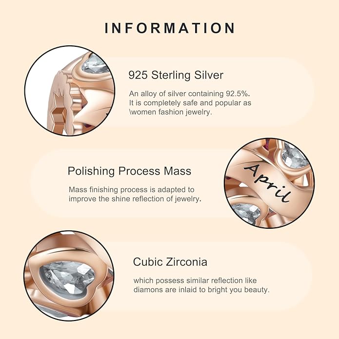 NINGAN Birthstone Charms 925 Sterling Silver Love Heart Openwork Bead for Charm Bracelets and Necklaces with 5A Cubic Zirconia, Birthday Mothers Day Jewelry Gifts Women