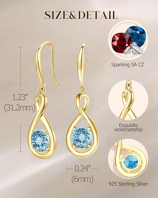 FANCIME Valentines Day Gift Dangle Drop Earrings 925 Sterling Silver Dainty Infinity Round Gemstone Birthstone Jewelry Birthday Gifts for Her Women
