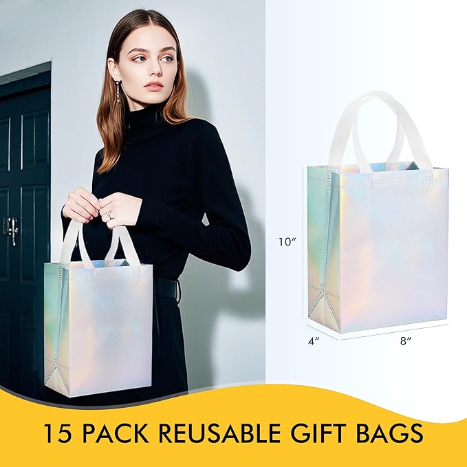 RACETOP 15 Pcs Iridescent Glossy Gift Bags Medium Size, 8x4x10 Inch Holographic Reusable Gift Bags with Handles & Sturdy Base, Ideal for Birthday, Wedding, Bachelorette, Party Favors, Holiday Goodie