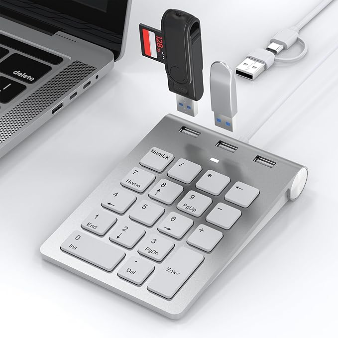 Wired USB C/A Number Pad - Numeric Keypad & Hub with 3 USB2.0 Ports - Portable Slim 18 Key Number Keypad Keyboard for Laptop PC Pad Surface MacBook, Wired Numeric Keypad with Type C & USB Cable 1.6Ft
