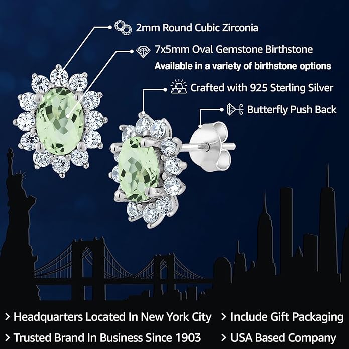 Gem Stone King 7X5MM Oval Gemstone Birthstone Stud Earrings For Women | Princess Diana Royal Halo Style | 925 Sterling Silver | Fine Jewelry Gifts for Anniversary Wedding Her Mom Women Wife