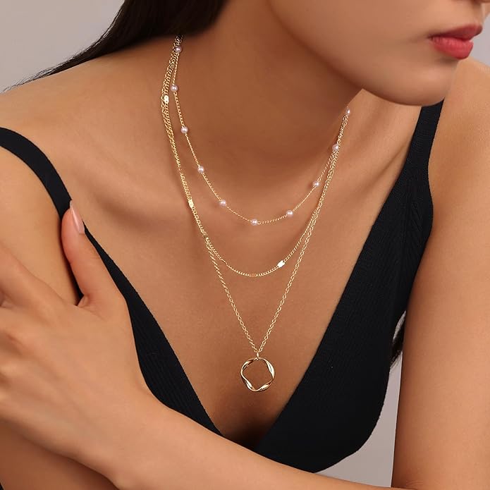 Evabelle Gold Layered Necklace for Women Trendy Jewelry 14K Real Gold Plated Chunky Chain Stackable Necklaces Dainty Choker Necklaces Rectangle Square Pendant