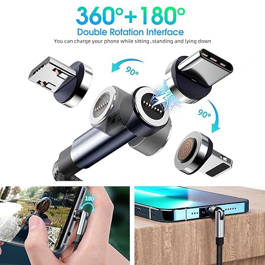 Ankndo 5-in-1 Magnetic Charging Cable, 540° Rotation Magnetic Phone Charger [4-Pack, 3ft/3ft/6ft/10ft] USB A/Type C Fast Charging Cable for iPhone/Micro USB/USB C Devices