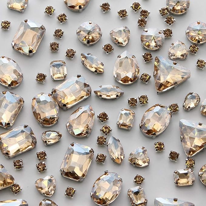 TANOSII Sew on Rhinestones 100 PCS Mixed Shapes Glass Rhinestones Sew on Crystal Gems Mental Flatback with Silver Claw for Jewelry Crafts Clothes Shoes Costume Garment Champagne