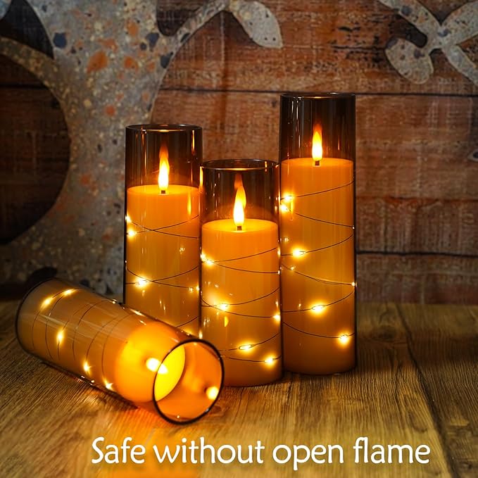 Flameless Candles with Embedded Star String, Battery Operated LED Pillar Candles with Timer and Remote Control,Home Decorating for Ambiance， Set of 7(Grey)