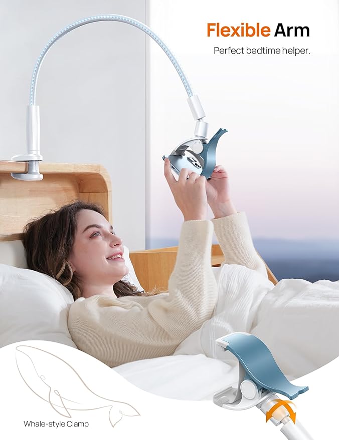 Gooseneck Phone Holder for Bed - [Upgrade Nylon Braid] 38” Flexible Lazy Arm Clip, 360 Adjustable Overhead Phone Mount for iPhone 16 15 14 13 12 11 Pro Max Mini Plus, 4-7" Cellphone - White