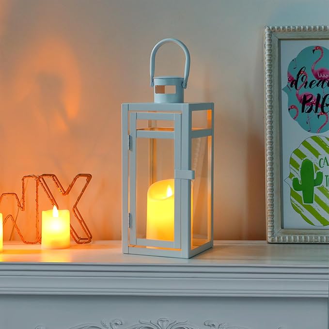 TRIROCKS Set of 2 Decorative Candle Lantern 12'' High Metal Candle Holder with Tempered Glass Perfect for Home Decor Living Room Parties Events Tabletop Indoor Outdoor (White)