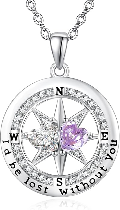 Compass Necklace for Women, Exquisite S925 Valentines Day Anniversary Birthday Gifts for Wife Her Double Birthstone Pendant Jewelry ‘I'd be Lost Without You’
