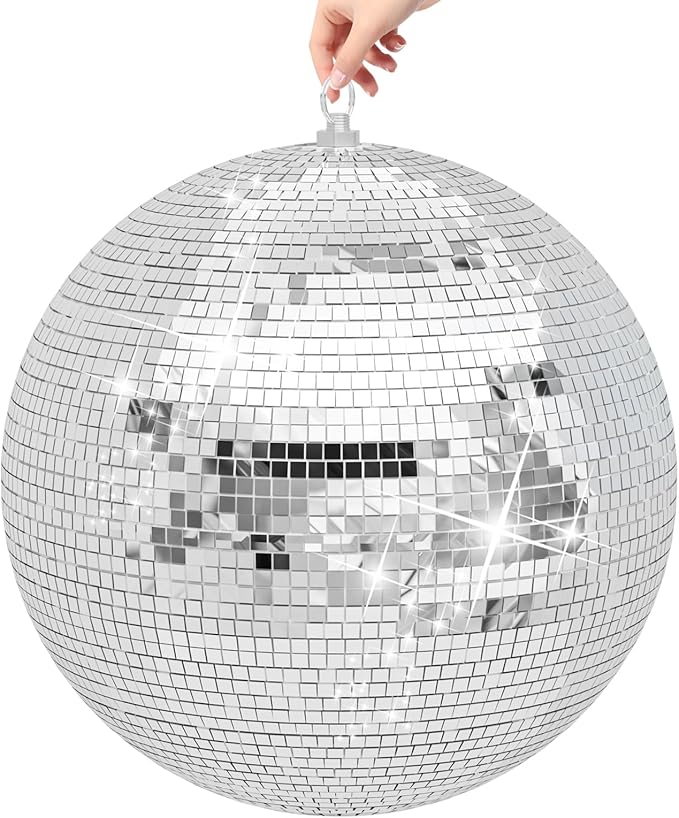 12/16/20 Large Disco Ball,Silver Hanging Party Mirror Ball with Hanging Disco Balls for DJ Club,Mirrorball with Reflective GlassParty, Wedding Decoration, Disco Ball Decor (Silver 20IN)