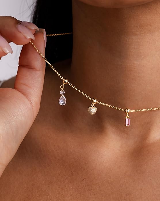 PAVOI 14K Gold Plated Dainty Necklace with Charms Set - Hypoallergenic Adjustable Chain Gold Charm Necklace for Women - Small Motif & Mantra 2 and 3-Pack Removable Pendants - Cute Jewelry Gifts