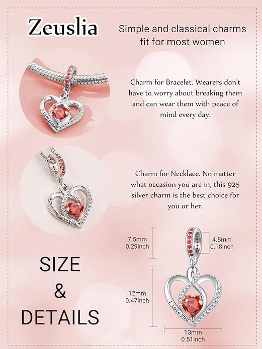 Heart Birthstone Charms for Bracelets, 925 Sterling Silver Women Bead Charms for Charm Bracelets Necklace, Mother's Day Birthday Anniversary Jewelry Gifts for Wife Mom Grandma Daughter