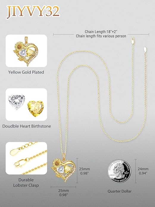 Sunflower Heart Necklace for Women 14K Gold Exquisite Valentines Day Anniversary Birthday Gifts for Wife Mother Her Double Birthstone Pendant Jewelry‘You Are My Sunshine’