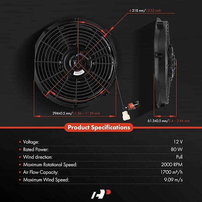 A-Premium 12'' 12 inch Slim Fan Pull Universal Electric Radiator Cooling Fan Assembly, 12V 80W with Mount Kit