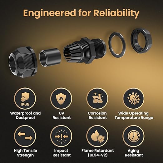 QILIPSU 10pcs M20SL Long Thread Cable Gland Waterproof IP68 Nylon Strain Relief Cord Grip Cable Pass Through Wire Connector