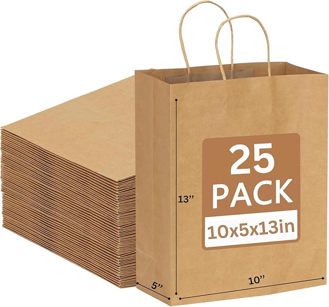 JET PAPER BAGS - 10”x5”x13” Inch [25 Pcs] Brown Paper Bags with Handles Prime for Takeout, Grocery, Goody, Retail, Party, Gifts, Weddings - Recyclable Kraft Paper Gift Bags with Handles