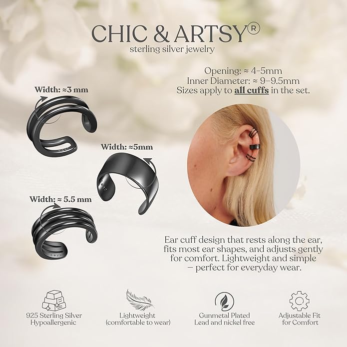 CHIC & ARTSY 925 Sterling Silver Ear Cuffs for Women, Non Piercing Clip On Cartilage Cuffs, Adjustable Fake Conch & Helix Earrings, Gold Plated & Oxidized Various Styles