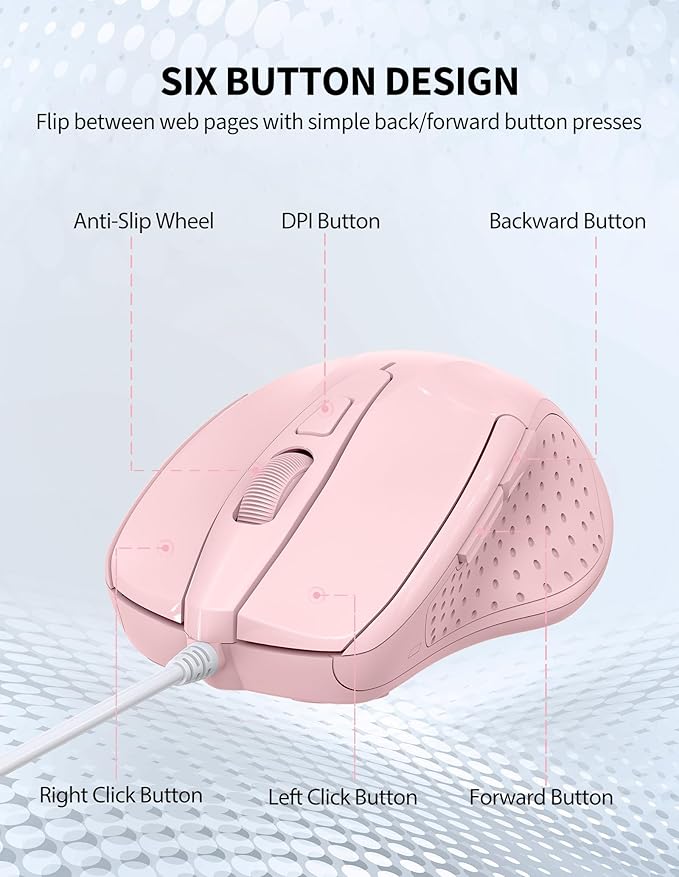 TECKNET Wired Mouse, 6-Button Corded with 4 Adjustable DPI, Optical Ergonomic Design, 5FT Cord for Laptop, Chromebook, PC, Desktop, Mac, Notebook - Pink