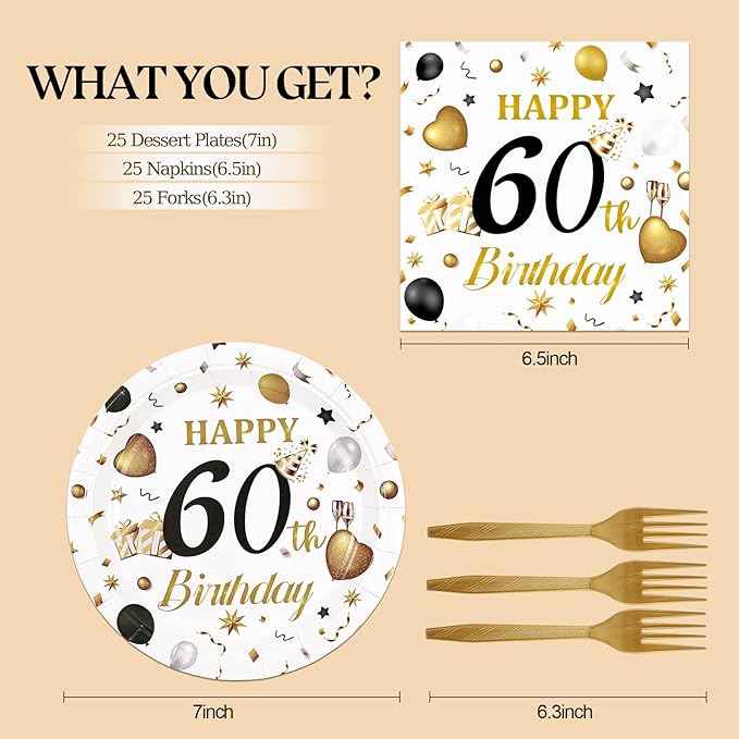 75PCS 60th Birthday Plates and Napkins Party Decorations, 7 Inch White and Gold Happy Birthday Paper Dessert Cake Plates and Napkins Disposable Tableware Set Party Favors for Women Men