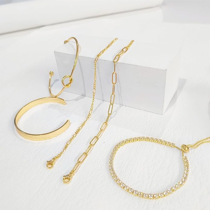 Gold Bracelets for Women 18k Gold Plated Bracelet Stack Bangle Cuff Bracelet Set for Women Non Tarnish Beaded/Paperclip/Cuban Link Chain Bracelets Jewelry for Women Trendy