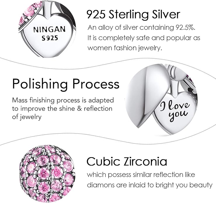 NINGAN “I Love You” Dangle Charm Love Heart Pendant Bead for Women Wife Girlfriend with 5A Cubic Zirconia for Charm Bracelets 925 Sterling Silver
