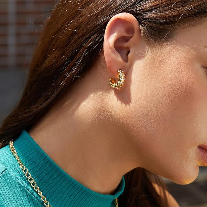 Gold Earrings for Women Girls,14K Gold Plated Hoop Earrings with 925 Sterling Silver Post Cubic Zirconia Stud Earring Huggie Hoops Earrings