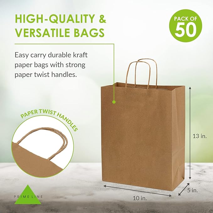 Prime Line Packaging Brown Paper Bags with Handles, Kraft Gift Bags Medium for Small Business, Shopping, Boutiques, Retail Store, Bulk, 10x5x13, 50 Pack