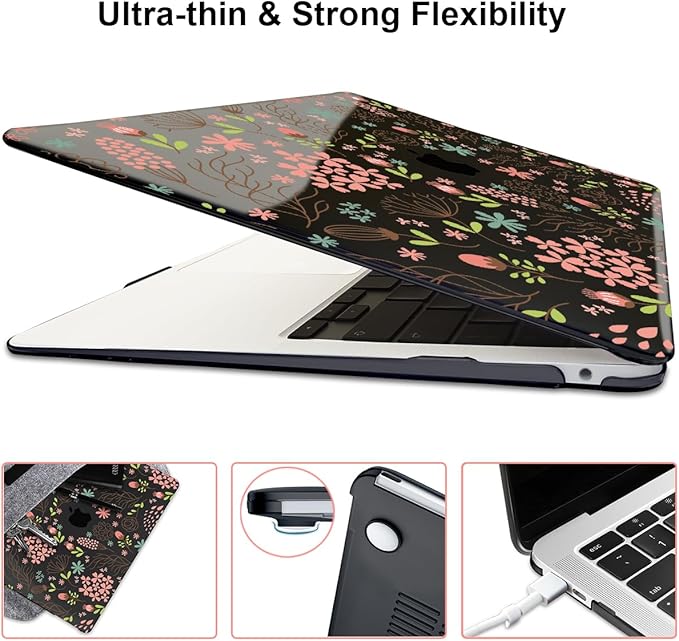 for MacBook Air 13 inch Case 2021 2020 2019 2018 Release M1 A2337 A2179 A1932, Pritned Pattern Plastic Hard Case Cover for MacBook Air 13.3" Retina Display Touch ID, Seamless Flower Black