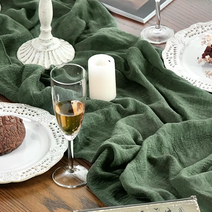 Artoid Mode Boho Cheesecloth Gauze Forest Green Wedding Table Runner, 160 Inch Seasonal Fabric Kitchen Dining Holiday Table Decor for Home Party Indoor