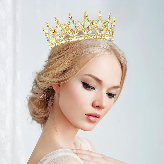 Queen Crown Rhinestone Wedding Crowns and Tiaras for Women Costume Party Hair Accessories Princess Birthday Crown Crystal Bridal Crown (Gold Crown-A+B)