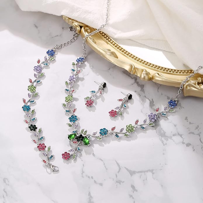 BriLove Women's Wedding Jewelry Leaf Cluster Flower Crystal Dangle Earrings Pendant Necklace Set for Bridal