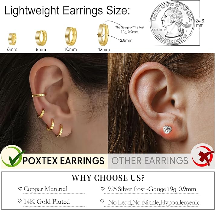 Small Gold Huggie Hoop Earrings Set for Women Men Hypoallergenic 14K Plated Stack Cartilage Earrings, Multiple Piercing Lightweight Mini Thin Cute Dainty Trendy Jewelry Set Christmas Gifts for Women