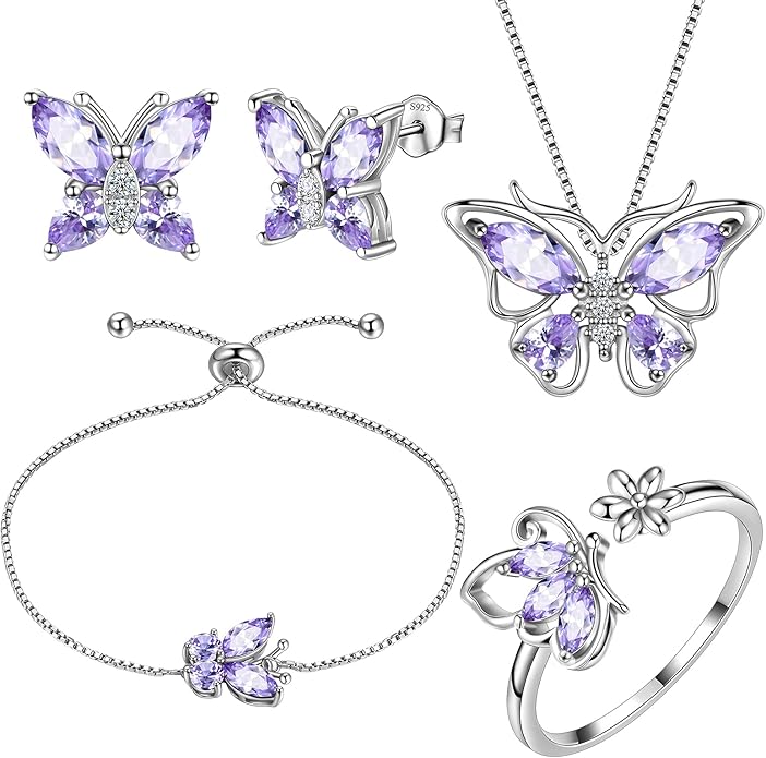 Aurora Tears Butterfly Jewelry,Women 925 Sterling Silver Butterflies Birthstone Pendant Necklace/Earrings/Rings Wedding Gift