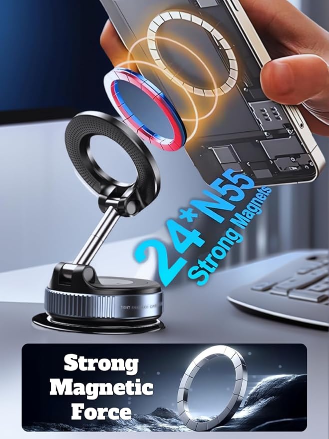Car Phone Holder for Magsafe, 360° Adjustable Vacuum Magnetic Phone Mount with 3000gf Magnetic Grip & 40LBS Suction Cup, Shockproof Design for All Smartphones