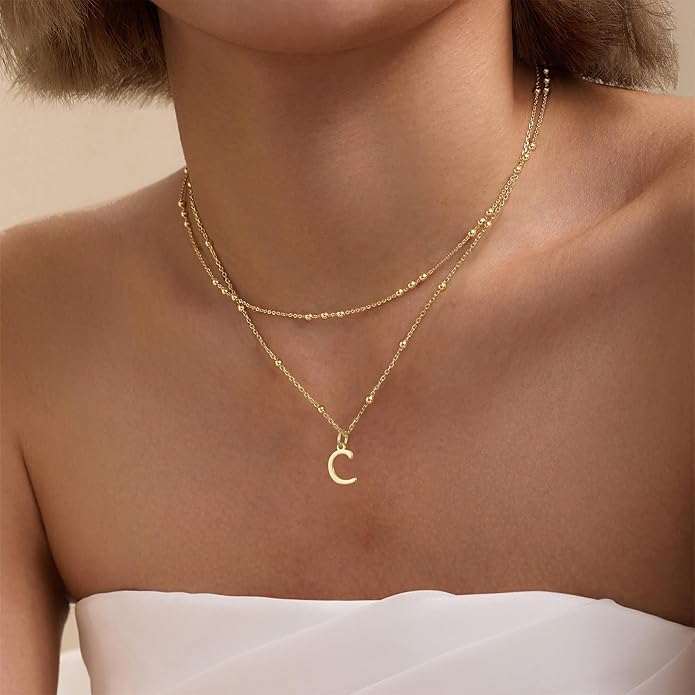 Initial Necklaces for Women, Dainty 14K Gold Plated Layered A-Z Letter Pendant Necklace Trendy Cute Choker Name Charm Necklace Stack Personalized Jewelry Gift for Her Birthday Christmas Gift