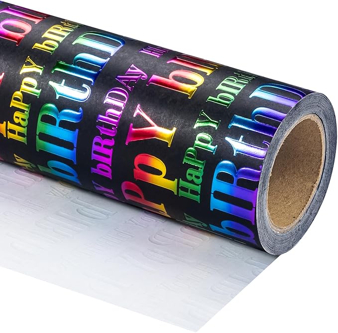 WRAPAHOLIC 3D Kraft Birthday Wrapping Paper Roll - Mini Roll - 17 Inch x 16.5 Feet - Black and Colorful Foil Happy Birthday Wrapping Paper with Embossed for Kids Boy Girls, Baby Shower
