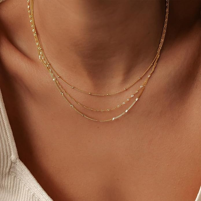 Gold Layered Necklaces for Women, 14K Gold Plated Dainty Gold Chain Choker Necklace Stack, Herringbone Gold Necklaces Set