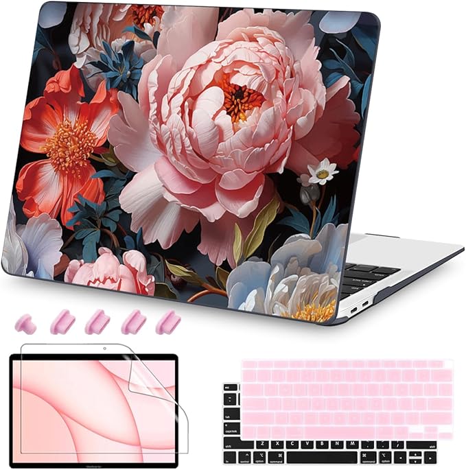 Teryeefi Compatible with MacBook Air 13 inch Case A2337 M1 Chip A2179 A1932 (Release 2018-2020),Protective Slim Cover + Keyboard Cover for 13.3 inch MacBook Air Touch ID & Retina-Colorful Peonies
