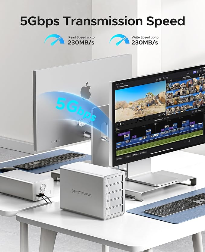 ORICO 5Bay RAID External Hard Drive Enclosure for 2.5/3.5 Inch SATA HDD/SSD up to 5X 24TB, USB3.0 Type-A Hard Drive Docking Station, Supports RAID 0/1/3/5/10/JBOD/Clone/ClearMode -9958RU3