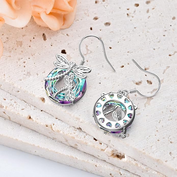 TOUPOP Dragonfly Gifts for Women Sterling Silver Dragonfly Earrings with Circle Crystal Dragonfly Dangle Drop Earrings Jewelry Gifts for Women Mom Birthday Christmas