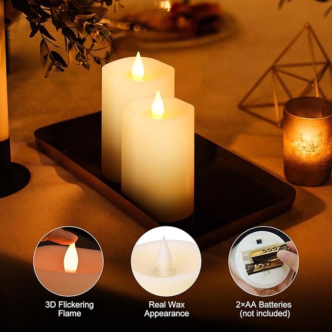 2PCS, 3 x 5 inches Flameless Candle with Remote Control, 3D Flickering Wick, Real Wax,with Timer,Battery Operated Candles,for Holiday Home Decor,Ivory