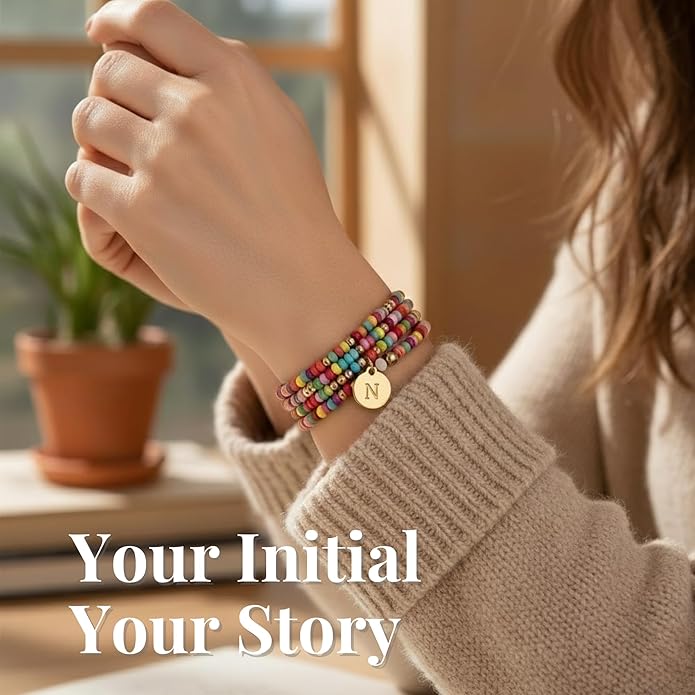 Set of 4 Colorful Bead Initial Bracelets, Personalized Stackable Jewelry, Adjustable Stretchy Charm Bracelets for Women, Beaded Bracelet Set, Trendy Custom Jewelry Gift