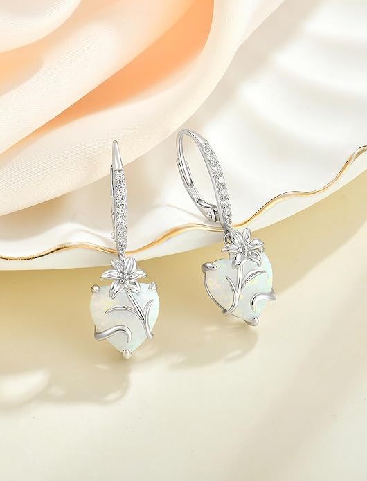 YL Heart Dangle Earrings for Women Sterling Silver Lily Flower Leverback Earrings Created Opal Flower Jewelry