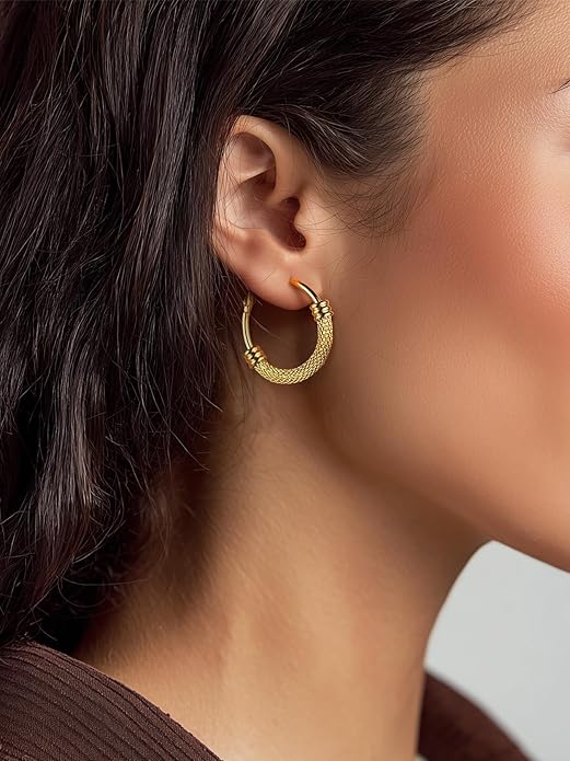 KeyStyle Mesh Hoop Earrings for Women, Stainless Steel Gold Hoops Earring Lightweight Loops, 2MM Thick Hypoallergenic Circle Endless Hollow Hoop 20mm-80mm