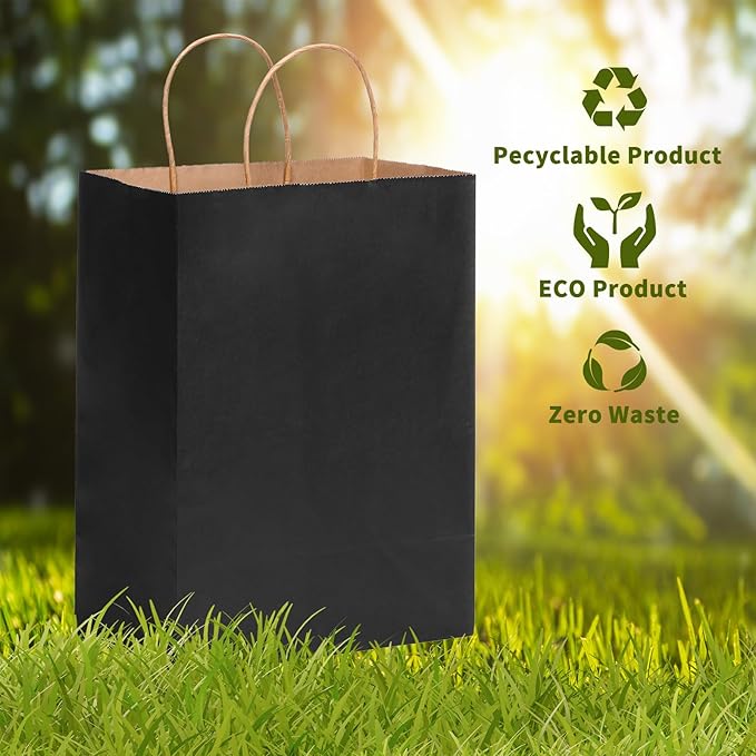 OUTUXED Black Gift Bags, 35pcs Kraft Paper Bags with Handles, 7.1x3.6x9.3in Medium Size for Retail, Gift Wrapping, and Shopping